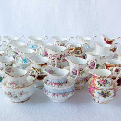 Milchkännchen Sahnekännchen Zuckerschale Englisches Vintage Porzellan Geschirr mieten für Afternoon Tea Party